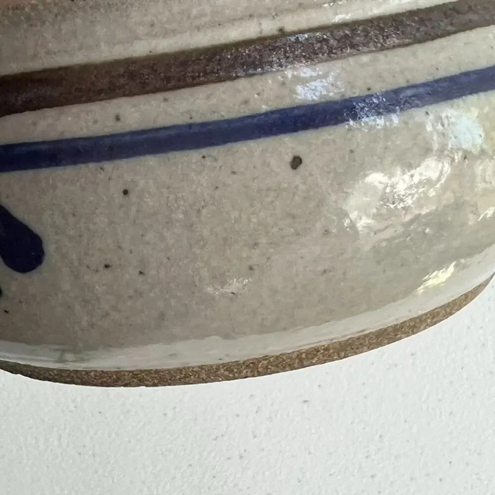 Studio Art Pottery Handmade Soup Bowl Handled Blue Striped Signed 5